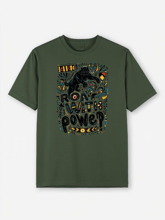 Dark Green Cotton T-shirt with Hand-Drawn Black Panther Illustration, Perfect for Summer, Limited Time Offer!