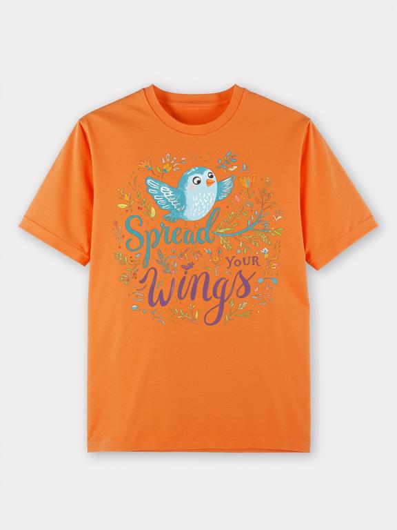 Bright Orange Pure Cotton T-Shirt with Hand-Drawn Bluebird Illustration, Perfect for Summer, Limited Time Offer!
