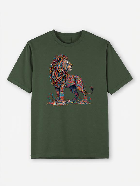 Dark Green Bohemian Style African Lion Printed Cotton Summer T-Shirt