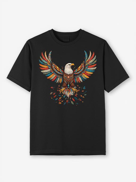 Black Bohemian Style Bald Eagle Printed Cotton Summer T-Shirt