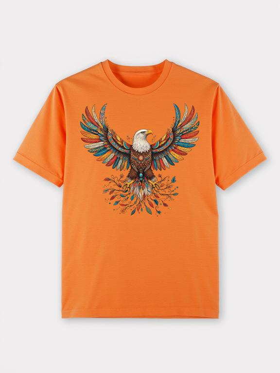 Bohemian Style Orange Cotton Bald Eagle Print T-Shirt, Summer Essential