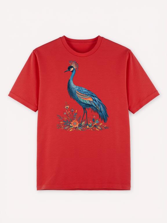 Red Bohemian Style BlueCrane Printed Pure Cotton Summer T-Shirt