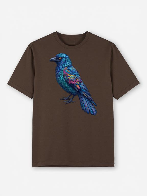 Dark Brown Bohemian-Style Blue Crow Printed Pure Cotton Summer T-shirt