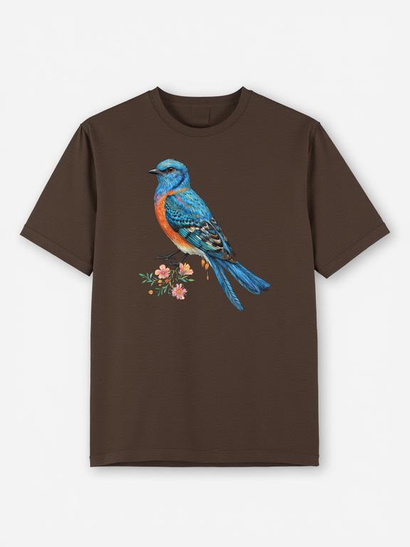 Dark Brown Cotton Bohemian Style Bluebird Printed Summer T-shirt