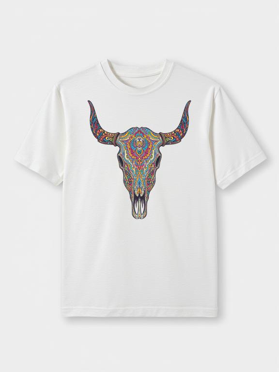White Bohemian Style Cotton T-Shirt with Boho Cow Skull Print for Summer