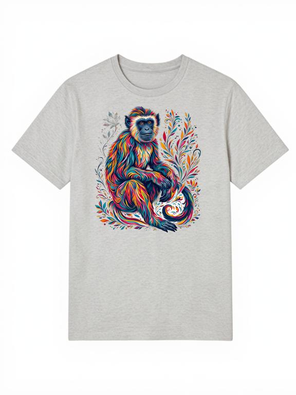 Grey Bohemian Style Colobus Printed Pure Cotton Summer T-shirt