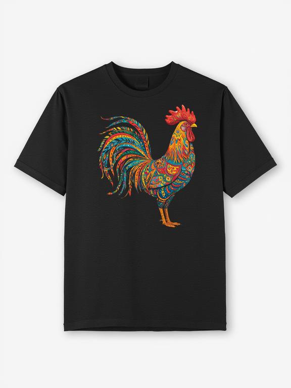 Black Bohemian Style Gallicrooster Printed Pure Cotton Summer T-Shirt