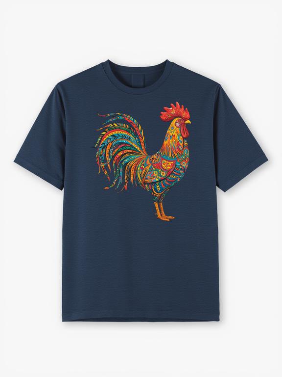 Dark Blue Bohemian Style Gallicrooster Printed Cotton Summer T-Shirt