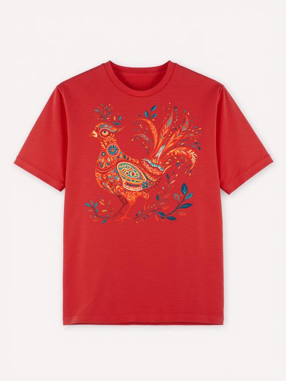 Red Bohemian Style RedBird Printed Pure Cotton Summer T-shirt