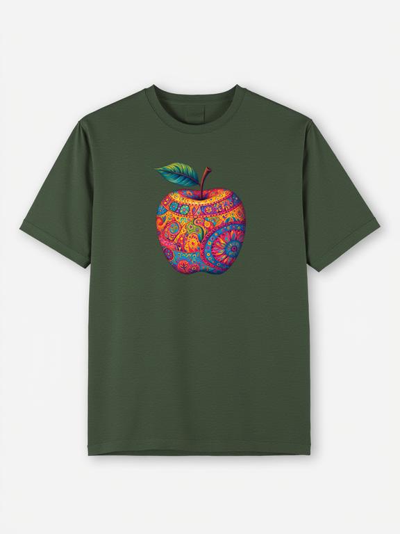 Dark Green Bohemian Style Apple Printed Pure Cotton Summer T-shirt