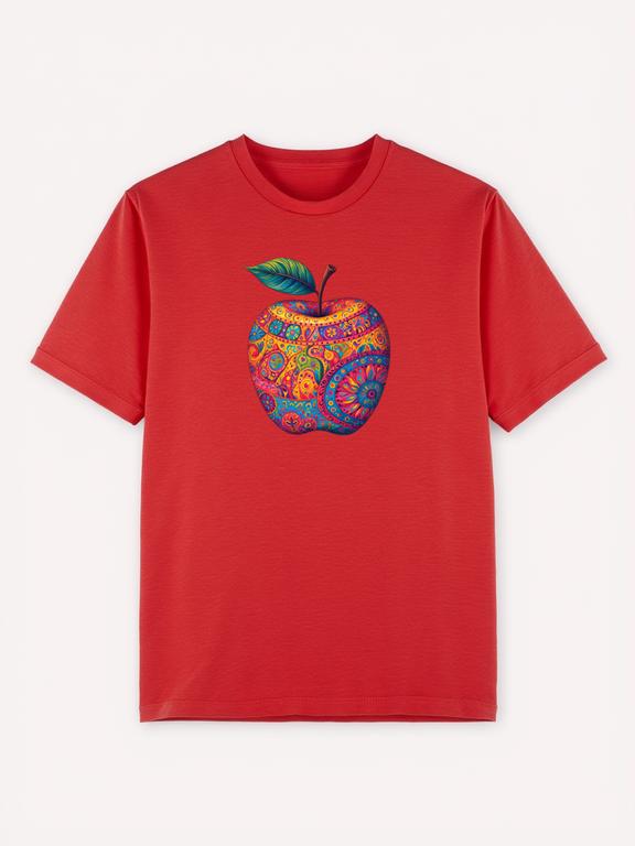 Red Bohemian Style Apple Printed Cotton T-Shirt for Summer