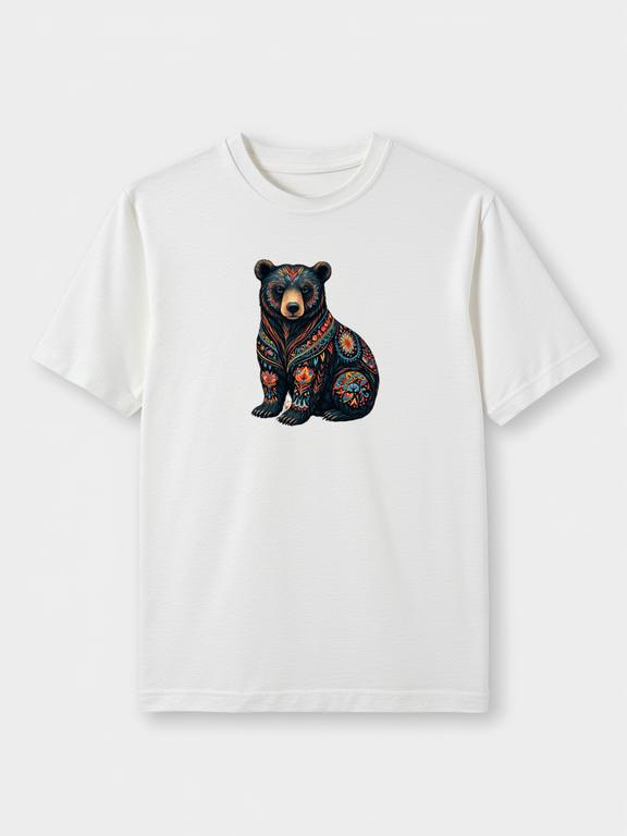 Men T-shirt, White, Cotton, Bohemian Style Black Bear Printed, Summer