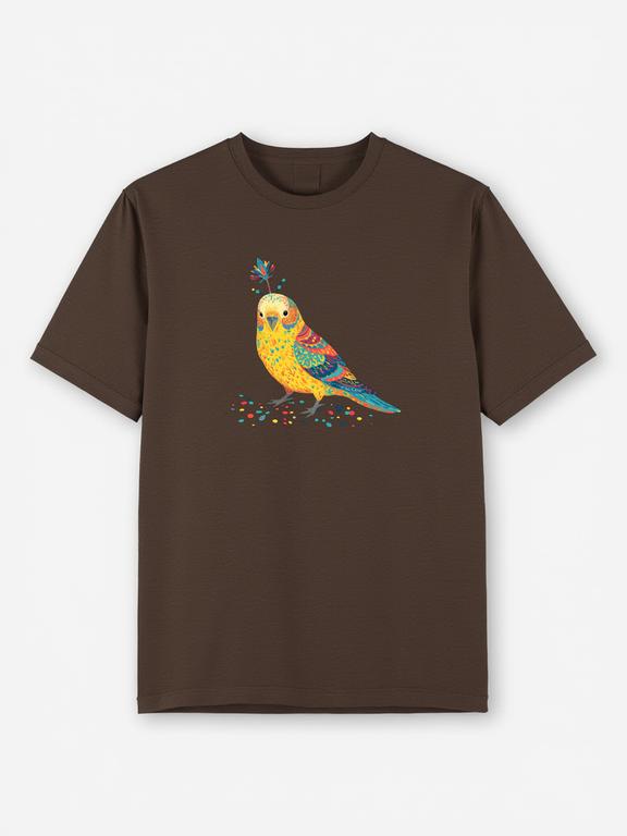 Men T-shirt, Dark Brown, Bohemian Style Budgerigar Printed, 100% Cotton, Summer-Ready Fit, Lightweight and Short-Sleeved, Vibrant and Durable Print, Versatile Casual Wardrobe Addition.