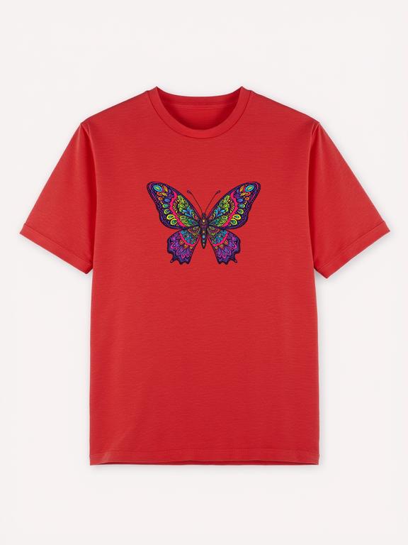 Men T-shirt, Red, Bohemian Style Butterfly Printed, 100% Cotton, Summer Casual Wear