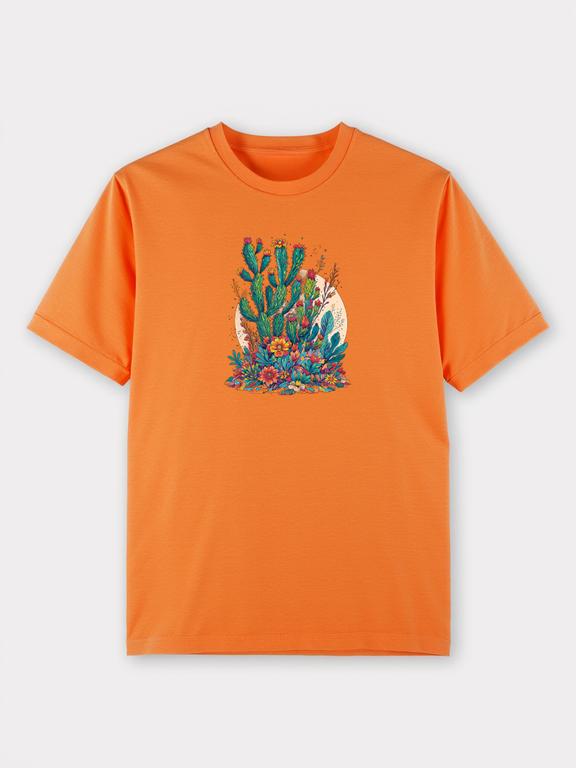 Men T-shirt, Orange Cotton Bohemian Style Cactus Print Summer Tee