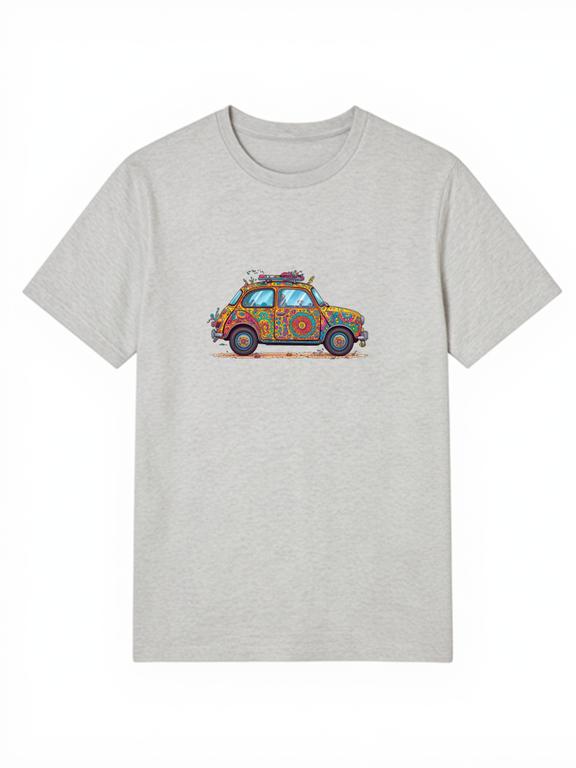 Men T-shirt, Grey Cotton Bohemian Style Car Printed Summer Tee