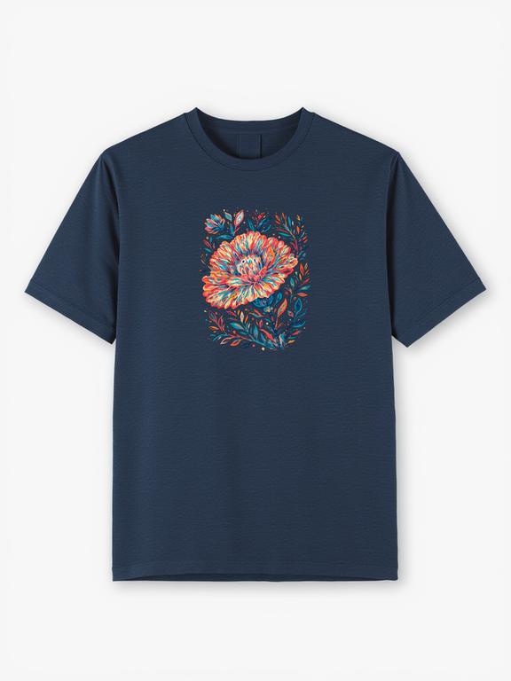 Men T-shirt, Dark Blue Cotton Bohemian Style Carnation Print Summer Wear