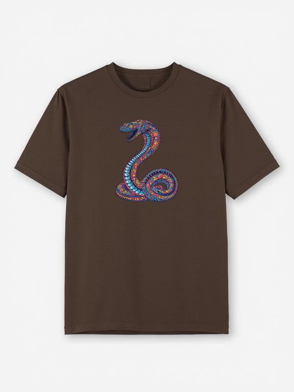 Men T-shirt, Dark Brown, Pure Cotton, Bohemian Style Cobra Print, Summer Wear