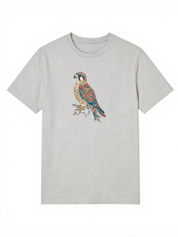 Men T-shirt Grey Pure Cotton Bohemian Style Common Kestrel Print Summer Wear