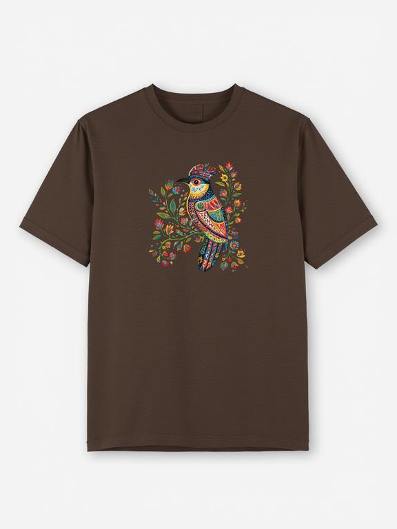Men T-shirt, Dark Brown, Pure Cotton, Bohemian Style Cuckoo Print, Summer Wear