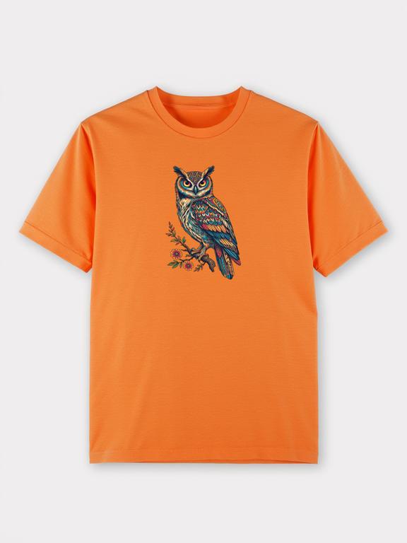 Men T-shirt Orange Cotton Bohemian Style Eagleowl Print Summer Tee