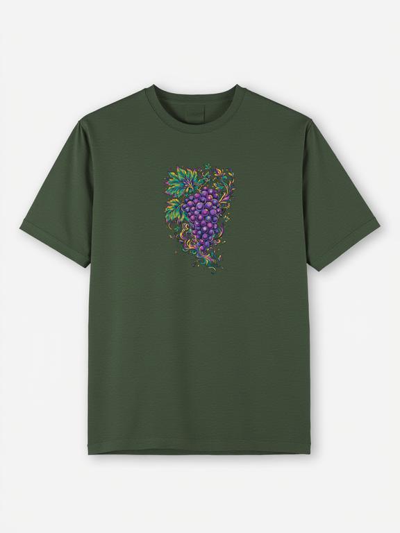 Men T-shirt Dark Green Bohemian Style Grape Printed Cotton Shirt for Summer