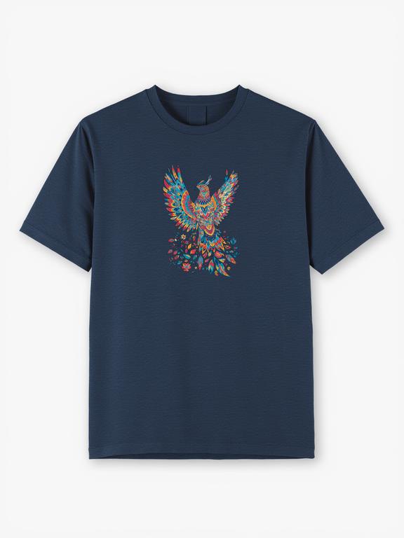 Men T-shirt Dark Blue Cotton Bohemian Style Lark Print Summer