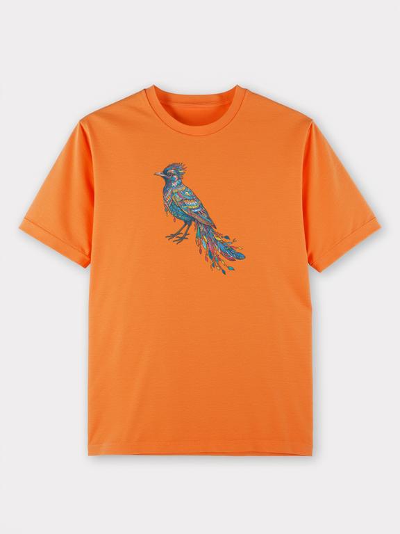 Men T-shirt Orange Cotton Bohemian Style Magpie Print Summer Shirt