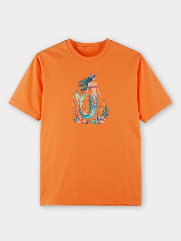 Men T-Shirt Orange Cotton Bohemian Mermaid Print Summer Casual Top