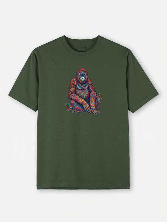 Men's T-Shirt Dark Green Cotton Bohemian Orangutan Print Summer