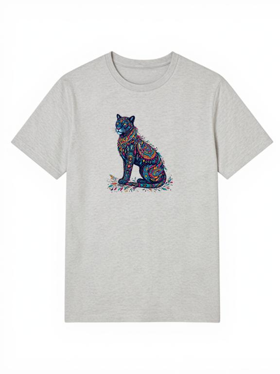 Men T-shirt Grey Cotton Summer Top with Bohemian-Style Panther Print Design