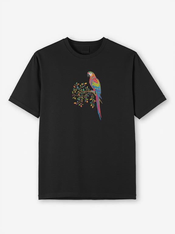 Men T-Shirt Black Cotton Bohemian Parrot Print Summer Casual Shirt