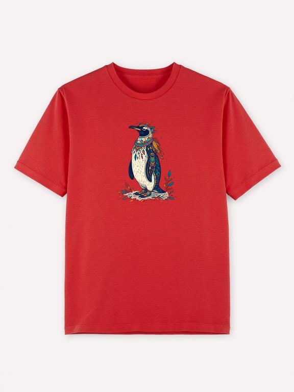 Men T-shirt Red Cotton Summer Tee with Bohemian Penguin Graphic Art Short Sleeve Casual Top for Warm Weather Outfits