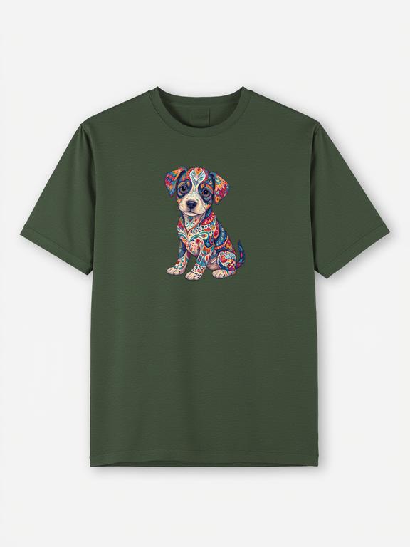Men T-shirt Dark Green 100% Cotton Bohemian Style Puppy Print Summer Casual Wear