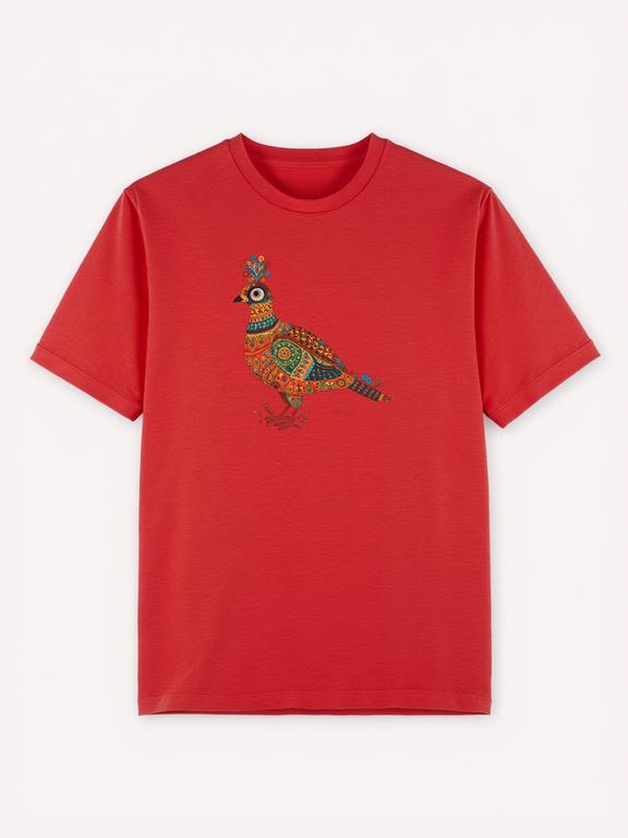 Men T-shirt Red Cotton Bohemian Quail Print Summer