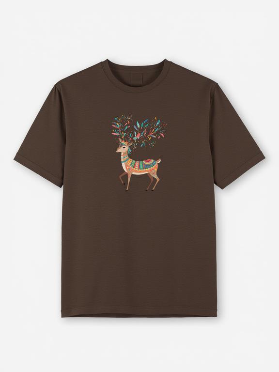 Men T-shirt Dark Brown Cotton Summer Top with Bohemian-Style Reindeer Print