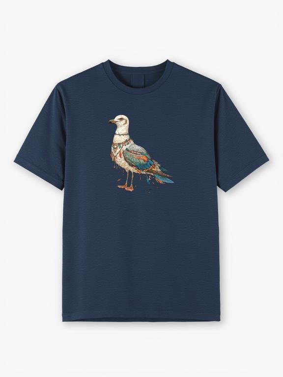 Men T-shirt Dark Blue Cotton Bohemian Style Seagull Print Summer Tee