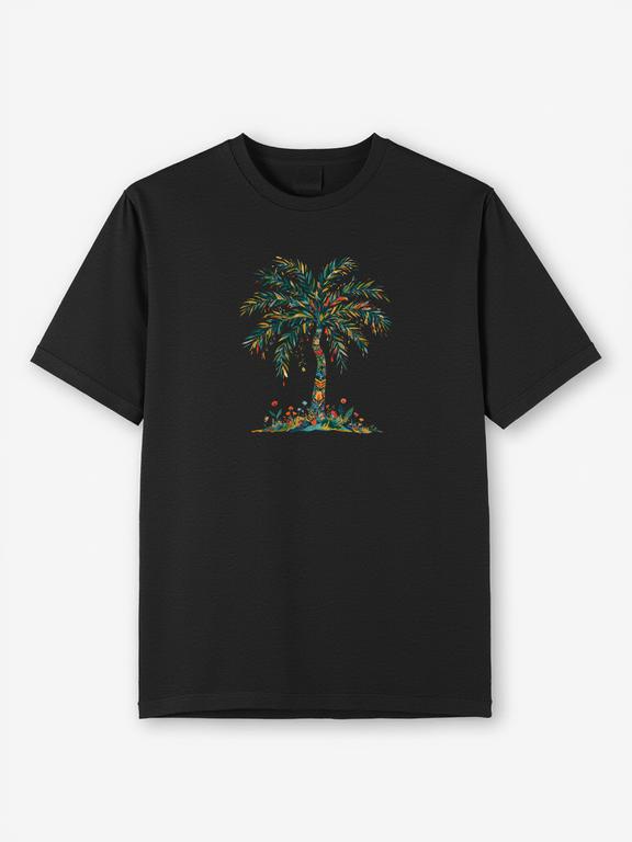 Men T-shirt Black Pure Cotton Bohemian Style Tropical Tree Print Summer Tee