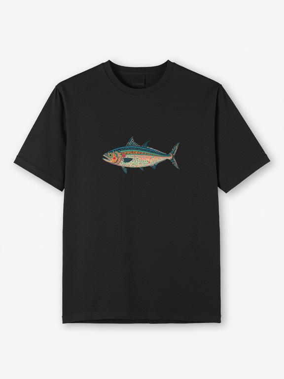 Men T-shirt Black Cotton Bohemian Style Tuna Print Summer Tee