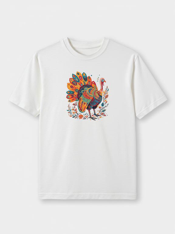 Men T-shirt White Cotton Bohemian Style Turkey Print Summer Tee