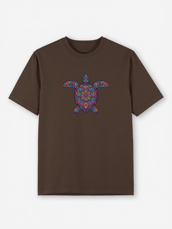 Men T-shirt Dark Brown Cotton Bohemian Style Turtle Print Summer Tee