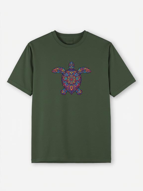 Men T-shirt Dark Green Cotton Bohemian Style Turtle Print Summer Tee