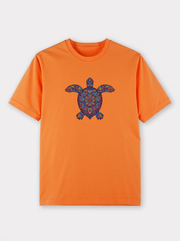 Men T-shirt Orange Cotton Bohemian Style Turtle Print Summer Tee