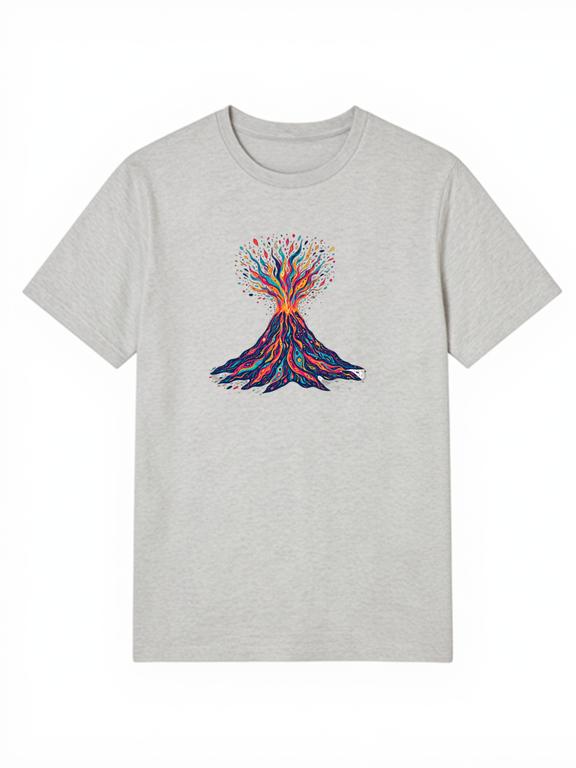 Men T-shirt Grey Cotton Bohemian Style Volcano Print Summer Tee