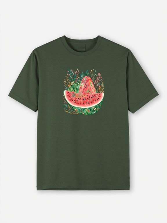 Men T-shirt Dark Green Cotton Summer Shirt with Bohemian Style Watermelon Print