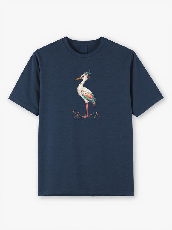 Men T-shirt Dark Blue Cotton Bohemian Style Whitestork Print Summer Wear
