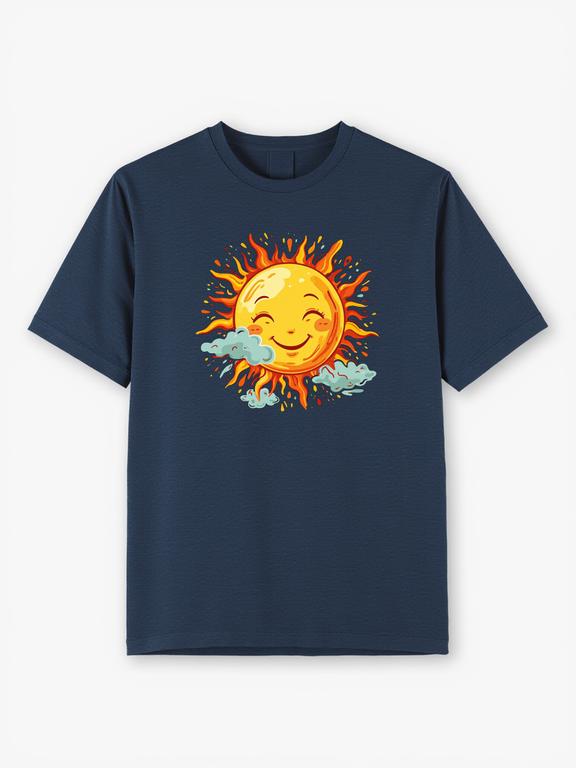 Men T-shirt Dark Blue Cotton AbstractSun CartoonPrints Summer Tee