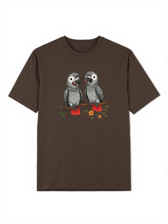 Men T-shirt Dark Brown Cotton African Grey Parrots Cartoon Print Summer Tee