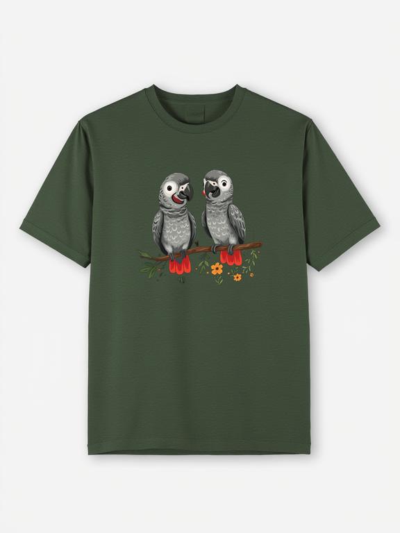 Men T-shirt Dark Green Cotton African Grey Parrots Cartoon Print Summer Tee