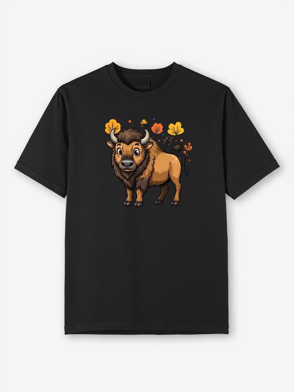 Men T-shirt Black Cotton Cartoon European Bison Print Summer Tee